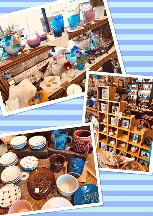 琉球ガラスや切子のグラス、かわいい小物や陶器、布製品などの雑貨セール