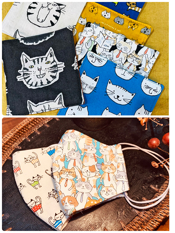 猫柄のコースターや布マスク