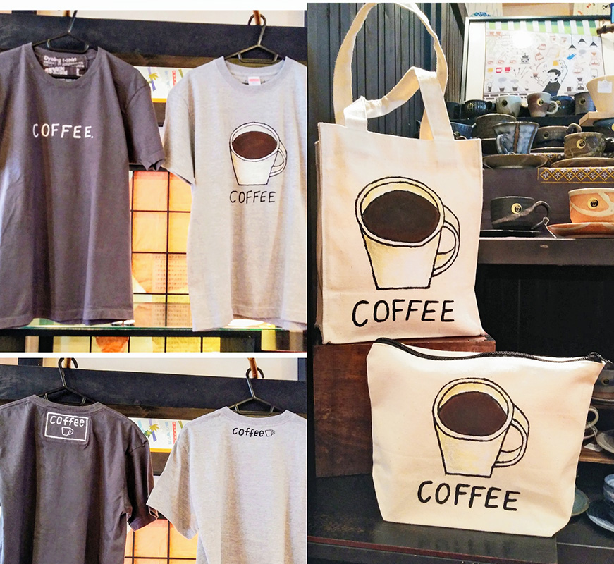 ノグチナミさんコーヒーモチーフの手描きイラストのTシャツやバッグ