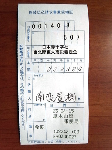 日本赤十字社への送金控え